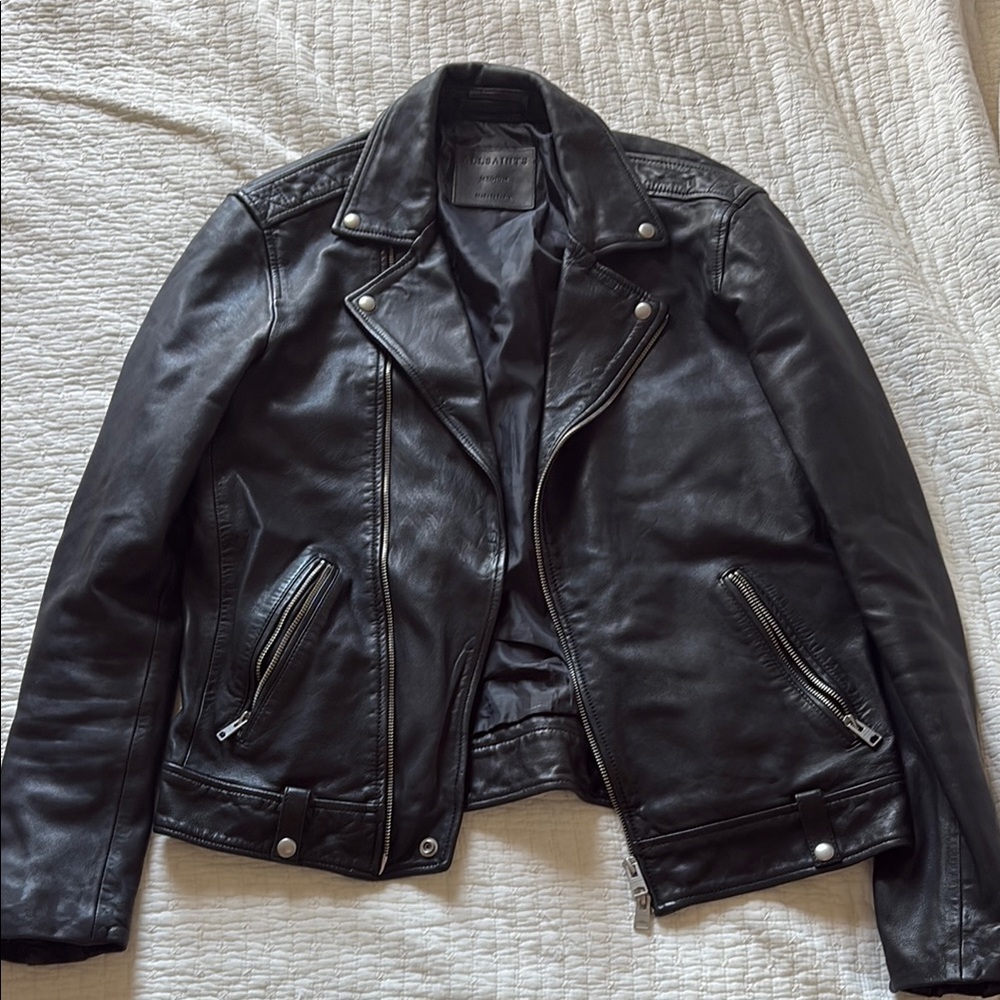 All Saints Black Leather Motorcycle Jacket with Zippered Front
